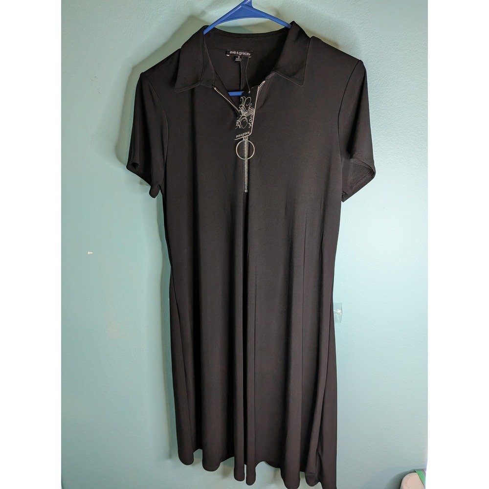 Ava & Grace Black Short Sleeve O-Ring Quarter Zip Collared Shift Dress Small NWT